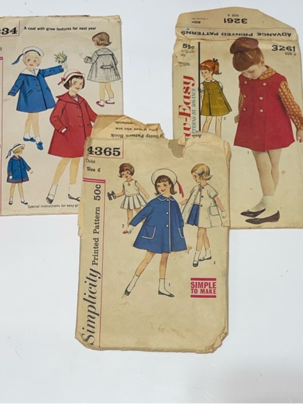 5/$25 Simplicity Girls' Blue & Red Pea Coats Vintage Pattern Art